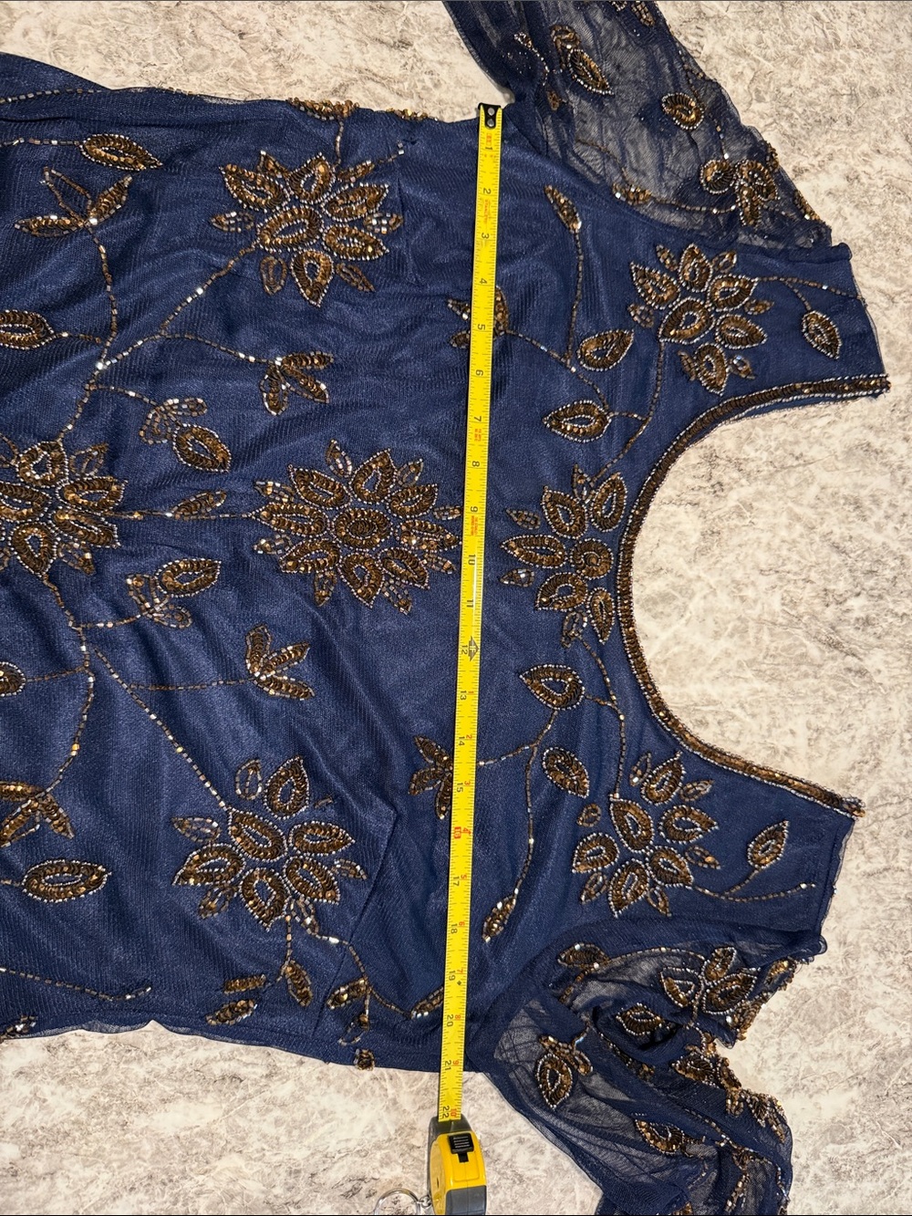 Pisarro Nights Navy Blue Midi Dress with Gold Floral Embroidery beads and sequin - Picture 12 of 15